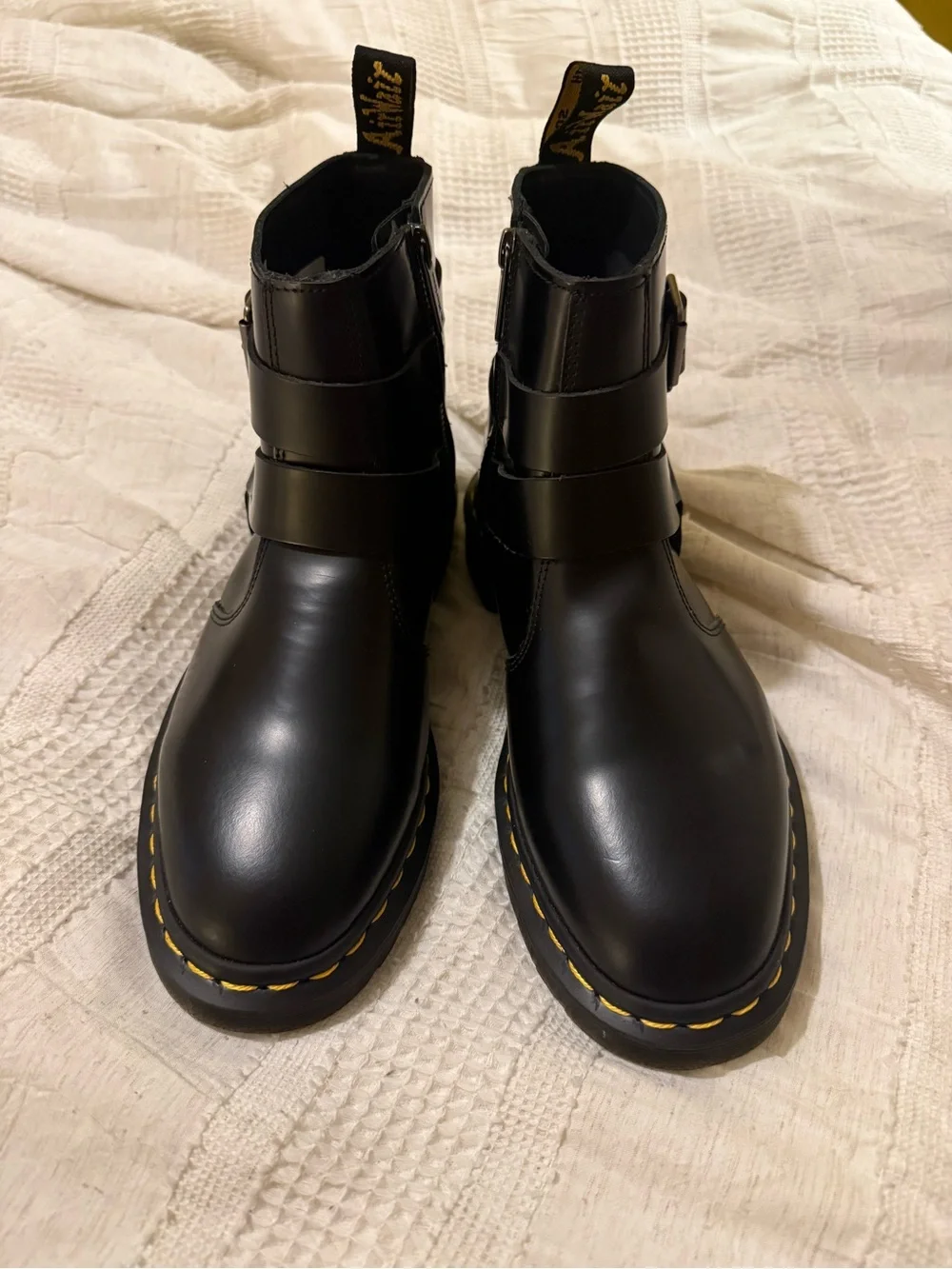 Dr. Martens Black Leather Harness Boots with Yellow Welt Stitching